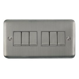 Click DPSS416GY Deco Plus Stainless Steel Ingot 6 Gang 10AX 2 Way Plate Switch - Grey Insert