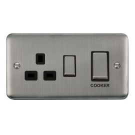 Click DPSS504BK Deco Plus Stainless Steel Ingot 1 Gang 45A 2 Pole Cooker Switch 13A Switched Socket - Black Insert