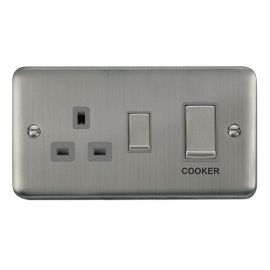 Click DPSS504BK Deco Plus Stainless Steel Ingot 1 Gang 45A 2 Pole Cooker Switch 13A Switched Socket - Grey Insert