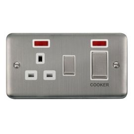 Click DPSS505WH Deco Plus Stainless Steel Ingot 1 Gang 45A 2 Pole Cooker Switch 13A Neon Switched Socket - White Insert