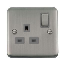 Click DPSS535GY Deco Plus Stainless Steel Ingot 1 Gang 13A 2 Pole Switched Socket - Grey Insert