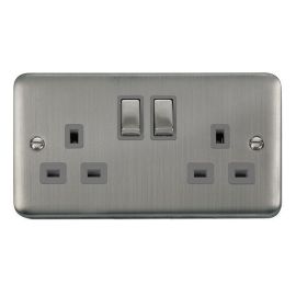 Click DPSS536GY Deco Plus Stainless Steel Ingot 2 Gang 13A 2 Pole Switched Socket - Grey Insert