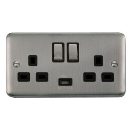 Click DPSS570BK Deco Plus Stainless Steel Ingot 2 Gang 13A 1x USB-A 2.1A Switched Socket - Black Insert