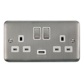 Click DPSS570WH Deco Plus Stainless Steel Ingot 2 Gang 13A 1x USB-A 2.1A Switched Socket - White Insert