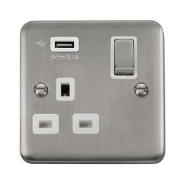 Click DPSS571UWH Deco Plus Stainless Steel Ingot 1 Gang 13A 1x USB-A 2.1A Switched Socket - White Insert image