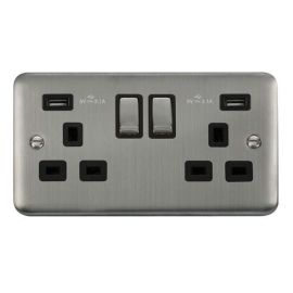 Click DPSS580BK Deco Plus Stainless Steel Ingot 2 Gang 13A 2x USB-A 4.2A Switched Socket - Black Insert