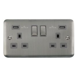 Click DPSS580GY Deco Plus Stainless Steel Ingot 2 Gang 13A 2x USB-A 4.2A Switched Socket - Grey Insert