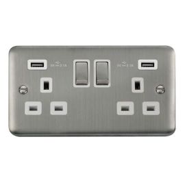 Click DPSS580WH Deco Plus Stainless Steel Ingot 2 Gang 13A 2x USB-A 4.2A Switched Socket - White Insert