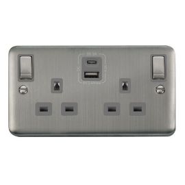 Click DPSS586GY Deco Plus Stainless Steel Ingot 2 Gang 13A 1x USB-A 1x USB-C 4.2A Switched Socket - Grey Insert image