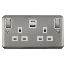 Click DPSS586WH Deco Plus Stainless Steel Ingot 2 Gang 13A 1x USB-A 1x USB-C 4.2A Switched Socket - White Insert