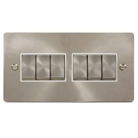 Click FPBS416WH Define Brushed Steel Ingot 6 Gang 10AX 2 Way Plate Switch - White Insert
