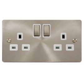 Click FPBS536WH Define Brushed Steel Ingot 2 Gang 13A 2 Pole Switched Socket Outlet - White Insert image