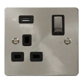 Click FPBS571UBK Define Brushed Steel Ingot 1 Gang 13A 1x USB-A 2.1A Switched Socket Outlet - Black Insert