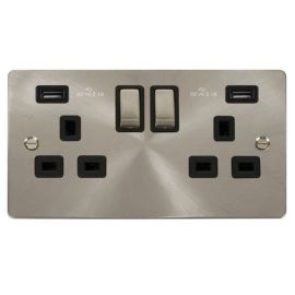 Click FPBS580BK Define Brushed Steel Ingot 2 Gang 13A 2x USB-A 4.2A Switched Socket Outlet - Black Insert