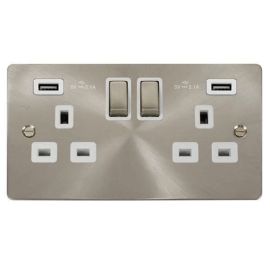 Click FPBS580WH Define Brushed Steel Ingot 2 Gang 13A 2x USB-A 4.2A Switched Socket Outlet - White Insert image