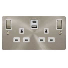 Click FPBS586WH Define Brushed Steel Ingot 2 Gang 13A 1x USB-A 1x UBS-C 4.2A Switched Safety Shutter Socket Outlet - White Insert image