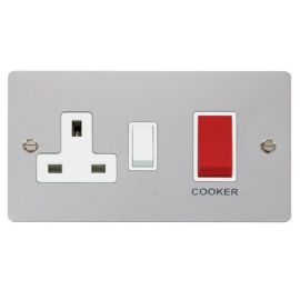 Click FPCH204WH Define Polished Chrome 2 Gang 45A 2 Pole Switch with 13A 2 Pole Switched Socket Outlet - White Insert image
