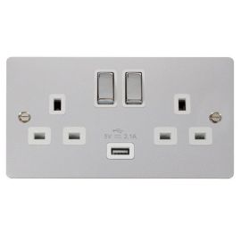 Click FPCH570WH Define Polished Chrome Ingot 2 Gang 13A 1x USB-A 2.1A Switched Socket Outlet - White Insert image