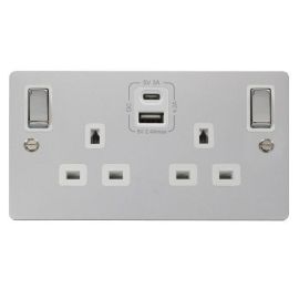 Click FPCH586WH Define Polished Chrome Ingot 2 Gang 13A 1x USB-A 1x USB-C 4.2A Switched Safety Shutter Socket Outlet - White Insert image