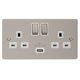 Click FPPN570WH Define Pearl Nickel Ingot 2 Gang 13A 1x USB-A 2.1A Switched Socket Outlet - White Insert image