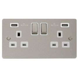 Click FPPN580WH Define Pearl Nickel Ingot 2 Gang 13A 2x USB-A 4.2A Switched Socket Outlet - White Insert