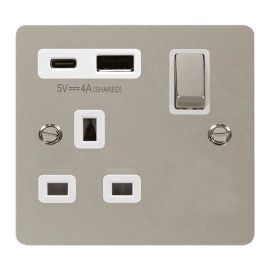 Click FPPN585WH Define Pearl Nickel 1 Gang 13A 1x USB-A 1x USB-C 4A Switched Socket - White Insert image