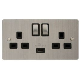 Click FPSS570BK Define Stainless Steel Ingot 2 Gang 13A 1x USB-A 2.1A Switched Socket Outlet - Black Insert image