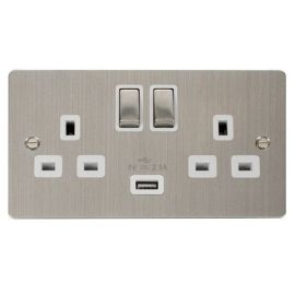 Click FPSS570WH Define Stainless Steel Ingot 2 Gang 13A 1x USB-A 2.1A Switched Socket Outlet - White Insert image
