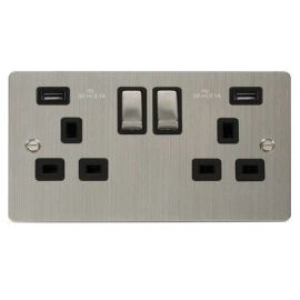 Click FPSS580BK Define Stainless Steel Ingot 2 Gang 13A 2x USB-A 4.2A Switched Socket Outlet - Black Insert