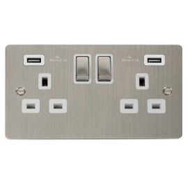 Click FPSS580WH Define Stainless Steel Ingot 2 Gang 13A 2x USB-A 4.2A Switched Socket Outlet - White Insert
