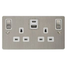 Click FPSS586WH Define Stainless Steel Ingot 2 Gang 13A 1x USB-A 1x USB-C 4.2A Switched Safety Shutter Socket Outlet - White Insert image