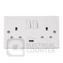 Click PRW770 Polar White 2 Gang 13A 1x USB-A 2.1A Twin Earth 1 Pole Switched Socket 