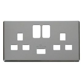 Click SCP470CH Polished Chrome Definity Screwless 2 Gang 13A 1x USB-A Switched UK Socket Cover Plate image