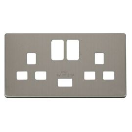 Click SCP470SS Stainless Steel Definity Screwless 2 Gang 13A 1x USB-A Switched UK Socket Cover Plate
