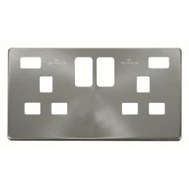 Click SCP480BS Brushed Steel Definity Screwless 2 Gang 13A 2x USB-A Switched UK Socket Cover Plate image