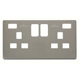 Click SCP480SS Stainless Steel Definity Screwless 2 Gang 13A 2x USB-A Switched UK Socket Cover Plate image