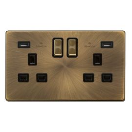 Click SFAB580BK Definity Complete Antique Brass Screwless 2 Gang 13A 2x USB-A 2.1A Switched Socket