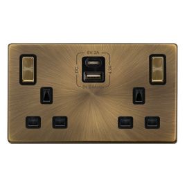 Click SFAB586BK Definity Complete Antique Brass Screwless 2 Gang 13A 1x USB-A 1x USB-C 4.2A Switched Socket image