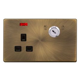 Click SFAB655BK Definity Complete Antique Brass Screwless 1 Gang 13A 2 Pole Neon Lockable Switched Socket image