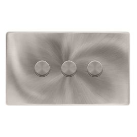 Click SFBS163 Definity Complete Brushed Steel Screwless 3 Gang 100W 2 Way Trailing Edge Dimmer Switch