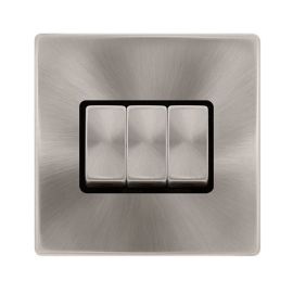 Click SFBS413BK Definity Complete Brushed Steel Screwless 3 Gang 10AX 2 Way Plate Switch - Black Insert