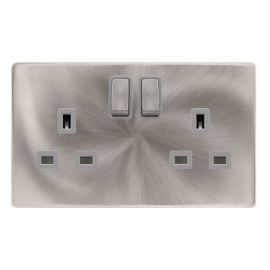 Click SFBS536GY Definity Complete Brushed Steel Screwless 2 Gang 13A 2 Pole Switched Socket - Grey Insert