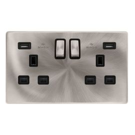 Click SFBS580BK Definity Complete Brushed Steel Screwless 2 Gang 13A 2x USB-A 2.1A Switched Socket - Black Insert