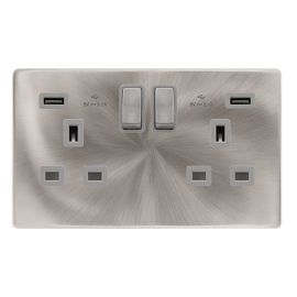 Click SFBS580GY Definity Complete Brushed Steel Screwless 2 Gang 13A 2x USB-A 2.1A Switched Socket - Grey Insert image