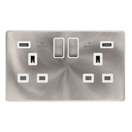Click SFBS580PW Definity Complete Brushed Steel Screwless 2 Gang 13A 2x USB-A 2.1A Switched Socket - White Insert
