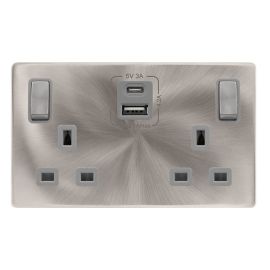 Click SFBS586GY Definity Complete Brushed Steel Screwless 2 Gang 13A 1x USB-A 1x USB-C 4.2A Switched Socket - Grey Insert
