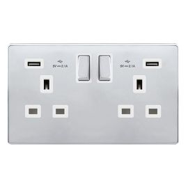 Click SFCH580PW Definity Complete Polished Chrome Screwless 2 Gang 13A 2x USB-A 2.1A Switched Socket - White Insert