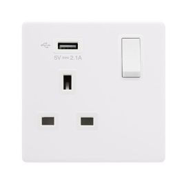 Click SFPW771UPW Definity Complete Polar White Screwless 1 Gang 13A 1x USB-A 2.1A Switched Socket