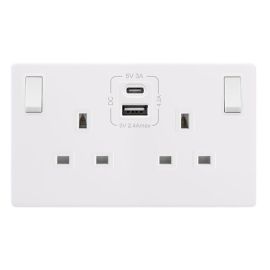 Click SFPW786PW Definity Complete Polar White Screwless 2 Gang 13A 1x USB-A 1x USB-C 4.2A Switched Socket image