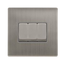 Click SFSS413GY Definity Complete Stainless Steel Screwless 3 Gang 10AX 2 Way Plate Switch - Grey Insert